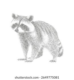 Ilustração vetorial de pontilhismo de guaxinim de pé em estilo preto e branco minimalista