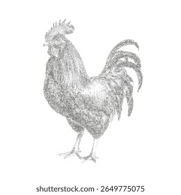 Ilustração vetorial pontilhismo de galo de pé em estilo preto e branco minimalista
