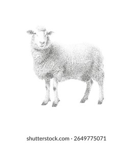 Ilustración vectorial puntillista de ovejas de pie en estilo minimalista blanco y negro