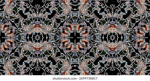 
Pointillist Abstract Dot Pattern Seamless Background. Symmetrical Beaded Mosaic Style Repeat Design. 

Intricate Kaleidoscope Tileable Texture. Ethnic or Bohemian Style Geometric Design
