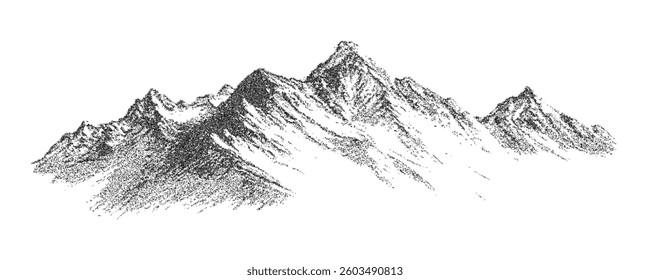 Pointillist grunge texture on abstract dotted mountain range. Vintage photocopy of rocky hills, mounted landscape with grainy noise. Retro halftone vector illustration.