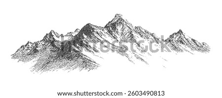 Pointillist grunge texture on abstract dotted mountain range. Vintage photocopy of rocky hills, mounted landscape with grainy noise. Retro halftone vector illustration.