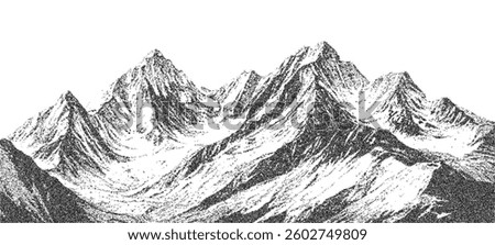 Pointillist grunge texture over abstract dotted mountain range. Vintage photocopy of snowy hills, grainy noise in mounted landscape. Retro halftone vector illustration.