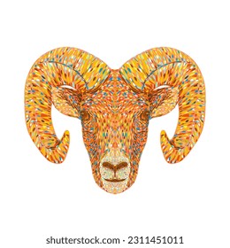 Pointillist, Impressionist or pop art style illustration of head of a bighorn sheep or ram Ovis canadensis viewed from front on isolated background in retro dot art style.