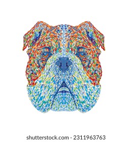 Pointillist, Impressionist or pop art style illustration of head of an English Bulldog or British Bulldog viewed from front on isolated background in retro dot art style.