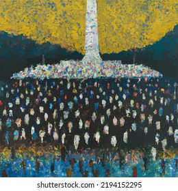 A pointillist portrait of a public gathering at a monument