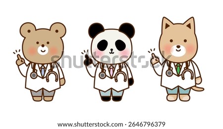 Pointing Animal Doctor Character Set Featuring Bear Panda and Dog Cute Medical Illustrations