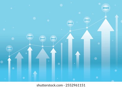 Pointing arrow graph corporate future growth plan on blue background. Year business graph.