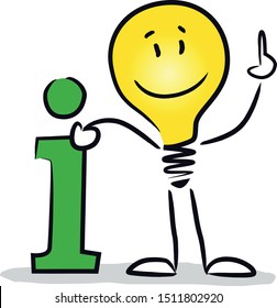 Pointing Bulb Stick Figure and Information Icon. Vector Drawing