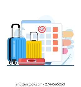 Pointing to calendar with check mark icon. Vacation date selection, annual leave approval, travel planning and holiday reminder concept. Modern flat vector isolated on white background.