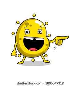 Pointing cartoon of Covid-19. Funny vector design of Coronavirus character