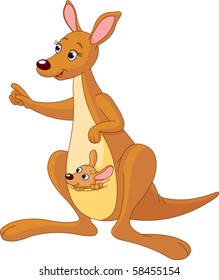 Pointing cartoon kangaroo and its baby Joey.