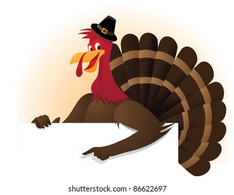 Pointing Cartoon Turkey with placard EPS 8 vector, grouped for easy editing. No open shapes or paths.