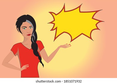 pointing to copy space. Comic bubble, holding a present. New year and Christmas. Sale conception vector illustration