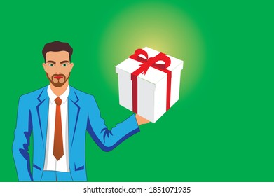 pointing to copy space. Comic bubble, holding a present. New year and Christmas. Sale conception vector illustration
