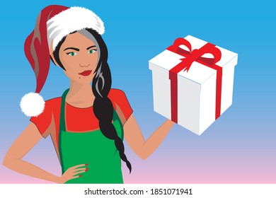 pointing to copy space. Comic bubble, holding a present. New year and Christmas. Sale conception vector illustration