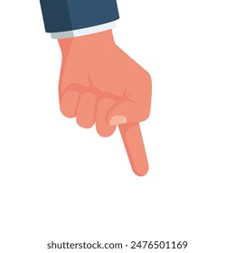Pointing down. The man's thumb points down. Show direction. Template for text or advertising. Vector illustration flat design. Isolated on white background.