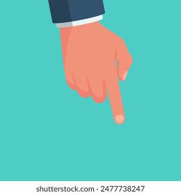 Pointing down. The man's thumb points down. Show direction. Template for text or advertising. Vector illustration flat design. Isolated on white background.