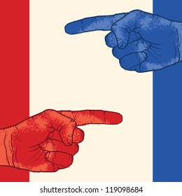 pointing at each other hands. debate
