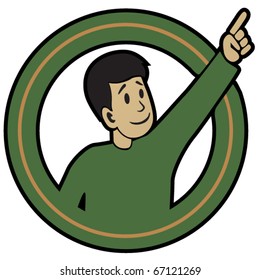 Pointing Fellow sticker. Vector illustration of man with pointing hand.