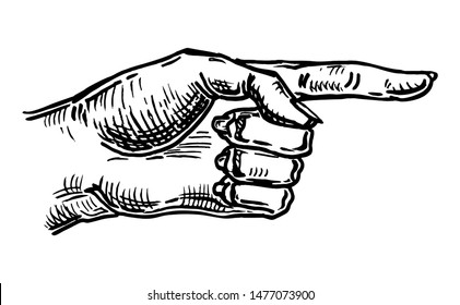 Pointing female finger. Vector black vintage engraved illustration isolated on a white background. Hand sign for web, poster, info graphic