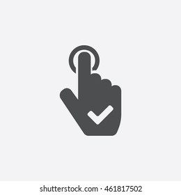 Pointing finger with a check mark Icon in flat style isolated on gray background. Hand gesture symbol for your web site design, picture, art, logo, app, UI. Vector illustration EPS10, JPEG image