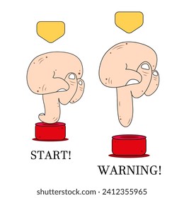 A pointing finger directs attention to a red button labeled 'Warning,' followed by the moment it engages, pressing the red button with the 'Start' inscription below—a dynamic illustrative sequence."
