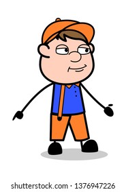 Pointing Finger Down - Retro Cartoon Carpenter Worker Vector Illustration﻿