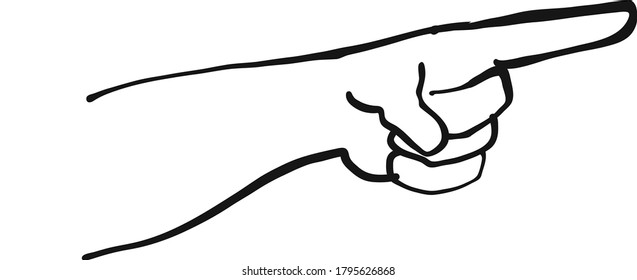 pointing finger and hand  . Black and white hand drawn illustration. Icon sign for print and labelling.