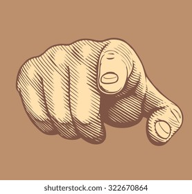 Pointing the finger. Hand drawn engraving. Vector vintage illustration. 8 EPS