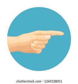Pointing finger. Hand gesture. Round icon, banner. Vector illustration in simple flat style. 