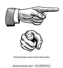 Pointing finger illustration. Pointing finger hand drawn illustration in vintage engraving style. Hand pointing illustration