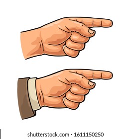 Pointing finger. Male hand in sleeve suit and without. Vector color flat illustration isolated on a white background. Hand sign for web, poster, info graphic