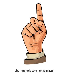 Pointing Finger. Number One Hand Sign. Vector Color Vintage Illustration Isolated On A White Background. Hand Sign For Web, Poster, Info Graphic.