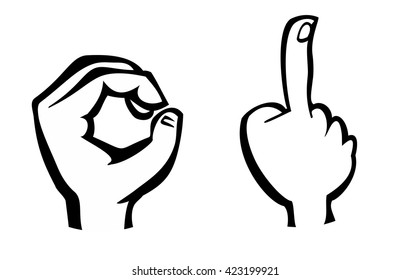 Pointing finger. Number one and zero hand sign. Vector black  illustration isolated on a white background. For web, poster, info graphic.