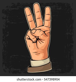 Pointing finger. Number three hand sign. Vector color vintage flat illustration isolated on a dark background. Hand sign for web, poster, info graphic.