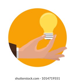 Pointing finger on bulb. Concept of big idea. Vector illustration in flat design. Isolated on background. 