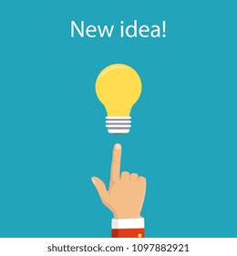 Pointing finger on bulb. Concept of big idea. Vector illustration in flat design. Isolated on background. 