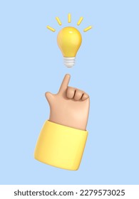 Pointing finger on bulb. Concept of big idea. Thinking, good idea and business success creative concept. Vector 3d illustration.