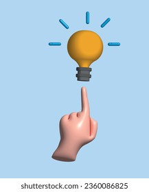 Pointing finger on bulb. Concept of big idea. Thinking, good idea and business success creative concept. Vector 3d illustration.