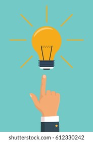 Pointing finger on bulb. Concept of big idea. Vector illustration in flat design. Isolated on background. 