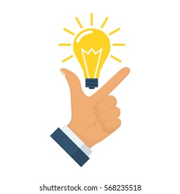 Pointing finger up on bulb as a symbol big idea. Having new creative idea. Problem solution metaphor. Vector illustration flat design. Isolated on background. Thinking processes. Hand gesture Like.

