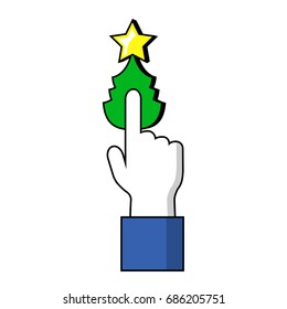 Pointing finger on Christmas tree button. Human hand on Christmas symbol. Hand and finger icon. Signal finger click on pine tree button. New Year button icon. Christmas cursor. Winter holiday target
