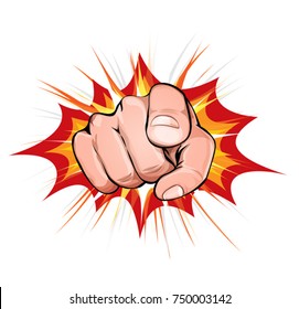 Pointing Finger On Explosion Background/
Illustration of a comic man hand icon with index finger pointing, on blasting background for hiring or warning message