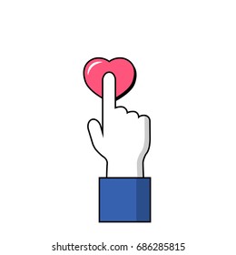 Pointing finger on pink heart button. Human hand on love symbol. Hand and finger icon. Signal finger click on button. St Valentine tap on heart icon. Pushing heart. Pink love sign in hand. Cursor icon