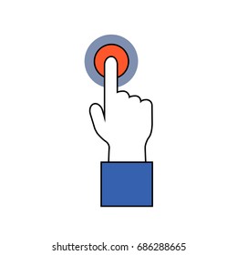 Pointing finger on red button. Human hand on alert or alarm signal. Hand and finger icon. Signal finger click on button. Finger gesture push or tap. Cursor icon on white. Website interface concept