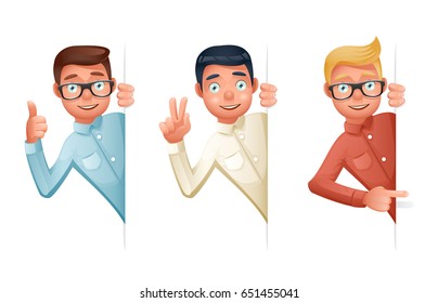 Pointing Finger Support Help Looking Out Corner Idea Cartoon Businessman Characters Set Icon Solution Symbol Retro Vintage Design Isolated Vector Illustration