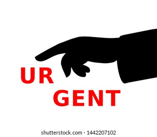 Pointing finger at text urgent, vector illustration
