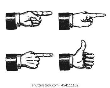 Pointing Finger And Thumbs Up Sign/
Illustration of a sketched set of businessman black hands with index finger pointing, and giving a thumbs up, isolated on white