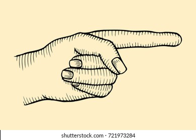Pointing finger. Vector black vintage engraved illustration isolated on beige background. Hand sign for web, poster, info graphic